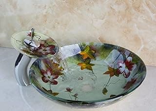 Gowe Flower Painting Becken Schüssel Waschbecken Obertischgerät Luxus Stil gehärtetem Glas Becken Schale