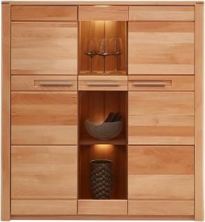 Lomadox Wohnzimmer Esszimmer Highboard Anrichte Kommode inkl. Beleuchtung, Front Kernbuche massiv