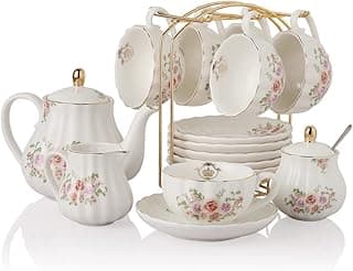 Sweejar Home Porzellan Teeservice Royal Family 225ml zu Tassen und Untertassen mit Teekanne Zuckerdose Milchkännchen Keramik Tee und Kaffeetassen (Rose Flower)