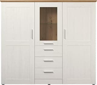 trendteam smart living - Shade - Schrank - Weiß/Eiche - Highboard mit 3 Türen, 3 Schubladen, 2 Kleiderböden, 4 Einlegeböden und 1 Glasboden - (BxHxT) 159 x 140 x 41 cm - silberfarbene Griffe