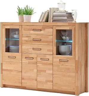 Lomadox Wohnzimmer Highboard Vitrinenschrank mit LED-Beleuchtung, Kernbuche massiv geölt keilgezinkt, Echtholz/Massivholz