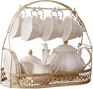ufengke 15 Stück Einfache Englische Keramik Tee-Sets Weiß,Teekanne, Bone China Tassen &Passenden Löffel, Nachmittags Tee Set Service Kaffee Set