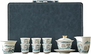 Teezeremonie Gaiwan Set,China Premium Teeservice 9 Teiliges Set,6 Teetassen,Weißes Landschafts Teeservice Aus Porzellan,Kung Fu Teeset,Tee Set Geschenk,Chinesisches Hochwertiges Luxus Teeservice