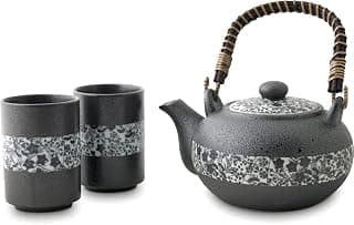 Luxus - Japanisch - Tee-Set - 3 teilig - Teeservice - Teekanne - Schwarz - Blumenmuster - Porzellan - Frischer Tee - Teekanne doppelwandig - 2 - Tassen - Teetasse - Teetassen
