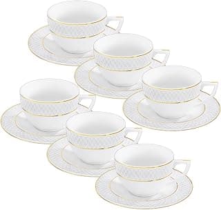 Wilmax - Tassen mit Untertassen - Goldmuster - 6er-Set - 240 ml - Kaffeetassen aus Porzellan - Weiß - Geschirrset für 6 Personen - Tassenset für Kaffee, Tee, Desserts - Kaffeeservice