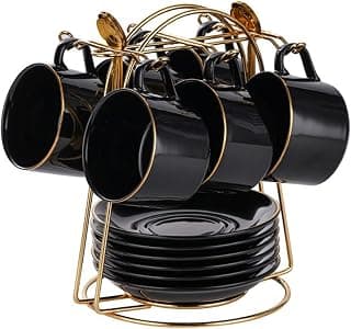 Luxus Cappuccino Tassen Set mit goldenem Rand 6er Set (150ml) British Royal Porzellan Tassen in schwarz glänzend Tee- & Kaffeetassen mit Untertassen und Griffen