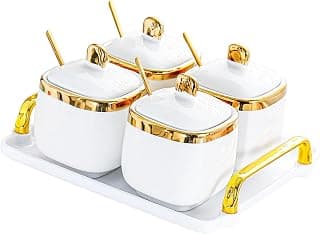 Gewürzglas Aus mit Löffel, Gewürzschale, Vorratsbehälter, Luxus Gewürzglas, Gewürztopf, 4 Gläser Gold