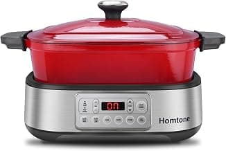 Homtone Schongarer & Multikocher 6-in-1, 5,5L Slow Cooker Programmierbarer Abnehmbarer Emaille-Schmortopf, Keramik-Antihaftbeschichtung, Langsames Garen, Anbraten, Dämpfen mit Dampfgarrost, Rot