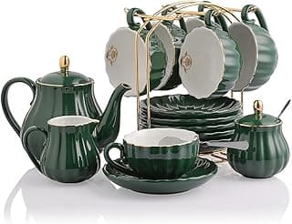Sweejar Home 22 Stück Europäischen Stil Teeservice, und Untertasse Set, Keramik Kaffeeset, Teeset Royal Family aus Porzellan, für 6 Personen, 225 ml-Tassen Jadegrün