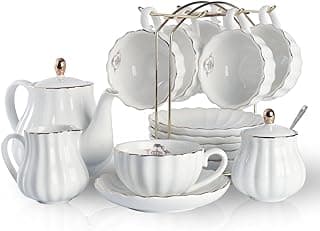 Sweejar Home 22 Stück Europäischen Stil Teeservice, Teetasse und Untertasse Set, Keramik Kaffeeset, Teeset Royal Family aus Porzellan, für 6 Personen, 225 ml-Tassen weiß