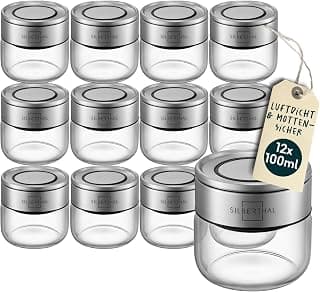 SILBERTHAL Gewürzglas 12er Set 100 ml Rund - mit Klickdeckel stapelbar - Vorratsglas mottensicher für luftdichte & auslaufsichere Aufbewahrung in der Küche