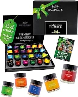 Hallingers Genuss Manufaktur Gewürz Geschenk-Set - 24 Gewürze aus aller Welt in wertiger Geschenkbox mit Rezept-Booklet "Deluxe Selektio...", Geschenkidee für Frauen Männer
