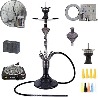 Diamond Hookah® Premium Centenary Shisha Set, Wasserpfeife Shisha Edelstahl im Komplettset, Kohlenanzünder 1000 Watt, 1Kg Kohle, Molassefänger, Mundstücke, Space Ring, Led (Centenary 7.0 BLK)