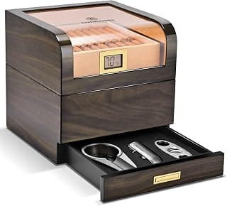 CIGARLOONG Zigarren Humidor Zedernholz mit Hygrometer und Luftbefeuchter, großer unterteilter Aufbewahrungs Humidor mit Schublade mit Zigarrenschneider, Feuerzeug Aschenbecher Set (Schwarz)