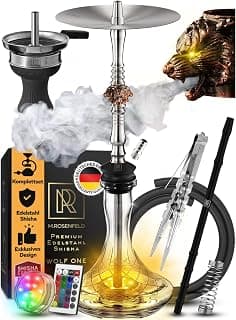 M. ROSENFELD Shisha Set Komplett - Edelstahl mit Unikalem Air Flow durch 3 edle Wolf Köpfe aus Kupfer - quality Zubehör + LED Licht Untersetzer mit Fernbedienung - 85cm Pro