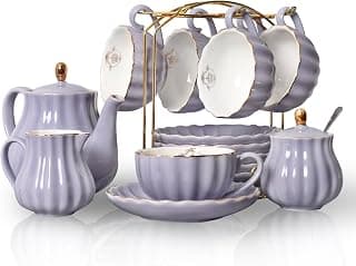 Sweejar Home 22 Stück Europäischen Stil Teeservice, Teetasse und Untertasse Set, Keramik Kaffeeset, Teeset Royal Family aus Porzellan, für 6 Personen, 225 ml-Tassen violett