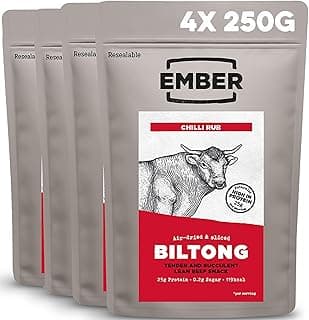 Ember Rindfleisch Biltong Chilli 1kg - Proteinreicher Trockenfleisch Beef Jerky Snack - Fettarm, Keto, ohne Zuckerzusatz - 4 x 250-g-Verschlussbeuteln (Verpackung kann variieren)