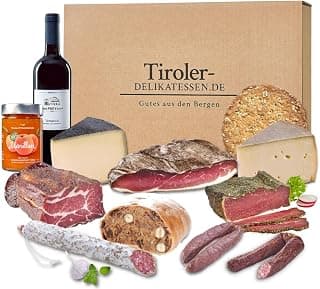 Almgourmet 12-tlg. Geschenkset - Tiroler Spezialitäten - Inkl. Wein, Wurst- & Käse Delikatessen - Geschenkkarton