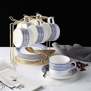 cappuccino tassen set Tassen & Untertassen von 6 (150 ml), Luxus-Teetasse Set, Kaffeetasse mit Henkel, britischer Königlicher Porzellan Tassen (Blauer Streifen)