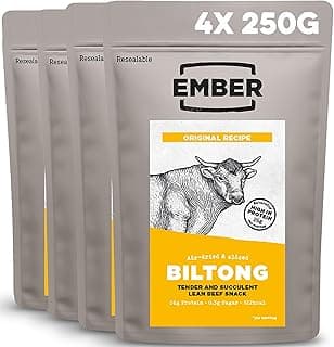 Ember Rindfleisch Biltong Original 1kg - Proteinreicher Trockenfleisch Beef Jerky Snack - Fettarm, Keto, ohne Zuckerzusatz - 4 x 250-g-Verschlussbeuteln (Verpackung kann variieren)
