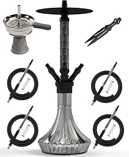NOBLE HOOKAH Shisha Set 4 Anschlüsse Mit Lederbesatz Shisha Kopf XL Shisha 4 Schlauch aus Aluminiumrohr,Ausgestattet mit 4 Silikonschläuchen und Griff