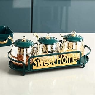 Zuckerdosen Set Küchenkürzung Töpfe Restaurant Hotel Salz Zucker Behälter Set Seasing Box Gewürzgläser Set Glas Töpfe Elegante Eisenbasis Luxus Gewürzgläser Gewürzdosen Zuckerdose