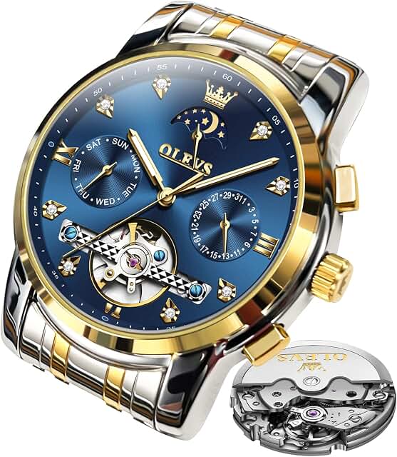 OLEVS Herrenuhren Automatik Mechanische Schwarz Armbanduhr mit Skelettiertem Tourbillon Kalender Wasserdicht Leuchtende Klassische Luxus Armbanduhren für Herren