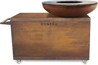 BonFeu BonBiza Island XL Corten – Luxus Mobile Außenküche mit Feuerschale Ø100cm & Plancha – Inkl. Grillrost, Schneidebrett und Holzfach – Hochwertiger Cortenstahl – 170x100x110 cm