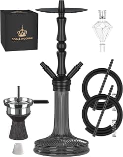 NOBLE HOOKAH 77cm Shisha Set 2 Schläuche aus Aluminiumrohr mit 2 Anschlüssen und komplettem Shisha Zubehör - Shisha Kopf, schöne Glasvase, Melassefänger, 2 Schläuche und Griff (Schwarz)