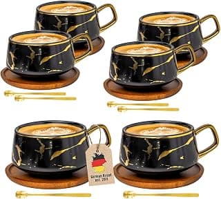 INTIRILIFE Tassen Set 6er – Keramiktassen im Marmor Design Schwarz mit Gold – 200 ml bis 300 ml – Kaffeetassen mit Holzuntersetzer– Teetassen Geschenkidee für Kaffee Tee Kakao Milch-Trinkbecher