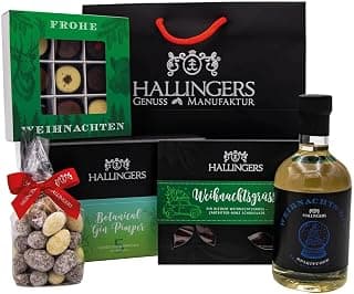 Hallingers Genuss Manufaktur Feinkost Weihnachts-Geschenk-Set - XXL-Geschenkkorb "Berauschendes Fest" großes Mitbringsel Tafel Schokolade, Gin, 9er Pralinen & Nougat-Mandeln, Weihnachten für Frauen