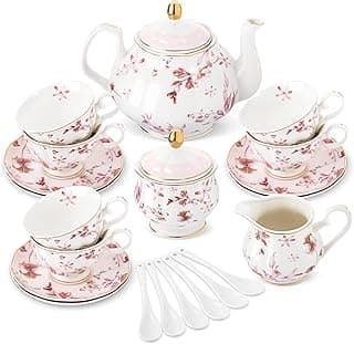 fanquare 21 Stück Britische Porzellan Teeservice mit Gold Rand, Rosa Herbstblätter Blumen Kaffeeservice für Frauen Tee Party, 6 Teetasse und Untertassen für Kaffee nach Hause Hochzeit