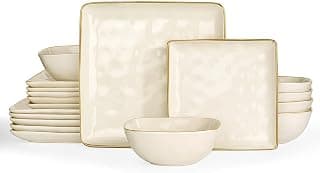 Richmount Steingut Geschirrset 6 Personen, Serie Ocean 18-tlg Quadratishes Geschirr Set, Teller Set Kombiservice Mit Reaktiver Glasur Essgeschirr, Kratzfestes Tafelservice Geschirrsets, Beige