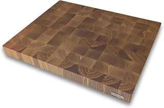 Premium Stirnholz Schneidebrett Esche & Eiche | 50 x 40 x 4,5 cm | Großes XXL Design Holzschneidebrett mit Griffmulden & Silikonfüßen | Luxus Hackblock