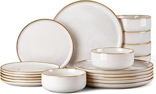 Homikit Geschirrset 6 Personen, 18-tlg Steinzeug Geschirr Set, Reaktive Glasur Tafelservice Essgeschirr mit Schüssel- und Teller Set, Kratzfest, Mikrowellenfest & Spülmaschinenfest, Jupiter Beige