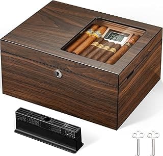 Zigarren Humidor Box mit Lüftungsgitter - Hält bis zu 120 Zigarren, Spanische Zedernfutter, Magnetische Trennwände, Custom Gel Luftbefeuchter, Digital Hygrometer & Schloss - Luxus Zigarren