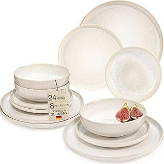 SÄNGER | Geschirrset Korfu 24 tlg, Tafelservice 8 Personen, Steingut Geschirr Handmade, Teller Set inkl. Essteller Dessertteller Tiefe Teller, Essgeschirr Creme Farben mit Sandiger Maserung