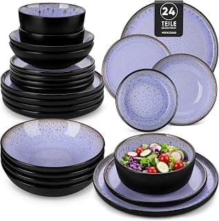 Steingut Geschirrset 6 Personen, vancasso AMBER Teller Set 6 Personen, Tafelservice 24tlg mit Speiseteller, Dessertteller, Suppenteller, Schüssel, Reaktive Glasur, Abendviolett, Spülmaschinenfest