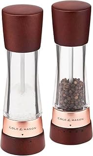 Cole & Mason Derwent Kastanie Roségold Salzmühle und Pfeffermühle, Gewürzmühle, 2er Set Manuell mit einstellbarem Keramik-Mahlwerk, Holz/Acryl, 190mm, Precision+, Geschenkset