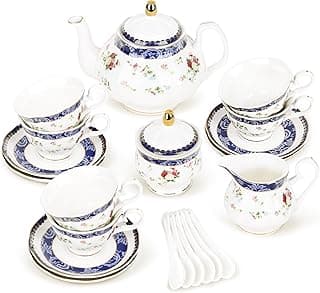 fanquare 21 Stück Blaue Rose Britisches Nachmittagstee-Set, Modernes Porzellan Teekannen-Set, Vintage Kaffeetasse und Untertasse Set, Erwachsene Teeservice für 6 Personen