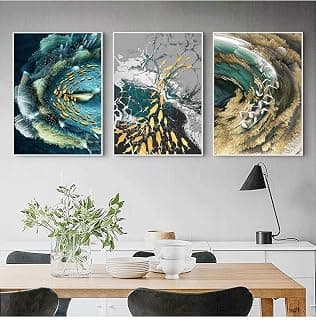 Rumlly Abstrakte goldene Feder Leinwand Gemälde blau grün 3D-Effekt Tableaux Print Luxus Wandkunst Bilder für Wohnzimmer 50 x 70 cm x 3 mit Rahmen