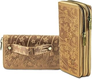 Portemonnaie Damen Leder #Madrid mit Edle Geschenk Box, Eleganter Geldbeutel mit RFID Blocker, Luxus Frauen Portmonee Viele Kartenfächer in Blumen Hell Braun