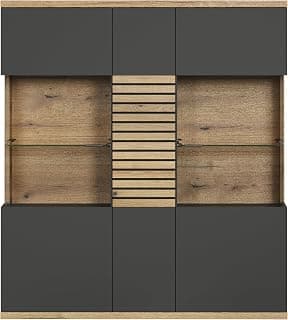 trendteam smart living - Norris - Vitrine - Anthrazit/Evoke Eiche - Highboard mit 15 Fächern - (BxHxT) 131 x 147 x 38 cm - Soft-Close-Türen und Vollauszug-Schubladen - kratzfest