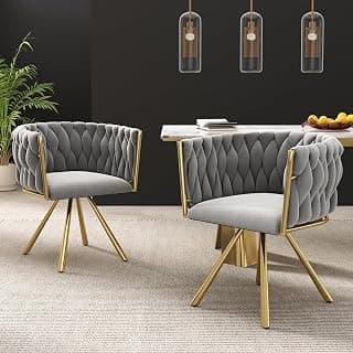 Samt-Esszimmerstuhl, 6er Set, einzelner Heller Luxus-Wohnzimmer-Schlafzimmer-Drehstuhl, Freizeit-Drehstuhl mit Vier Stützbeinen aus Metall,Grau und Gold