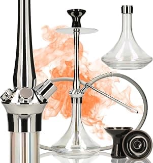 EL-BADIA C7 V2 Hookah 53cm – Luxus Shisha Set mit Dickem Glas Vase, Aluminium & Edelstahl Säule, Revers Diffusor, Soft-Touch Silikonschlauch, 29cm Metallgriff (Silver Chrome)