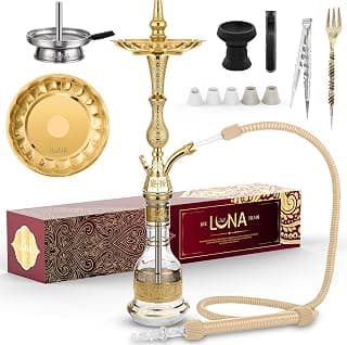 Luna Traditionelle Shisha Wasserpfeife Tradi Hookah Komplettset, Hochwertiges Metall Zink, Zubehör inkl. Glasbowl, Steinkopf, Kunstleder Schlauch mit Mundstück, Kaminaufsatz, Zange, Gabel