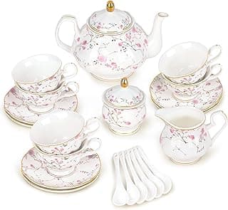 fanquare Rosa Blumen und Reben Teeservice am Nachmittag, 21 Stück Britisches Porzellan Teekannen-Set, Vintage Hochzeit Party Kaffee Set, Erwachsene Teeservice für 6 Personen