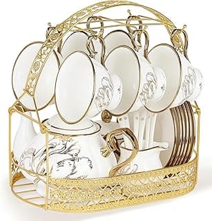 fanquare 21 Stück Britisch Vintage Porzellan Teeservice, Gold Florales Teeservice mit Goldrand, Kaffeetasse und Untertasse Set mit Stand Löffel für Frauen Hochzeit