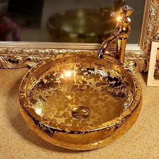 Gold Vessel Waschbecken Schüssel Luxus Gold glasierte Keramik Waschtischplatte Waschbecken für Toilette Badezimmer Bar Durchmesser 41 cm Größe