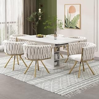 Samt-Esszimmerstuhl, einzelner Heller Luxus-Wohnzimmer-Schlafzimmer-Drehstuhl, Freizeit-Drehstuhl mit Vier Stützbeinen aus Metall,Beige und Gold (4)